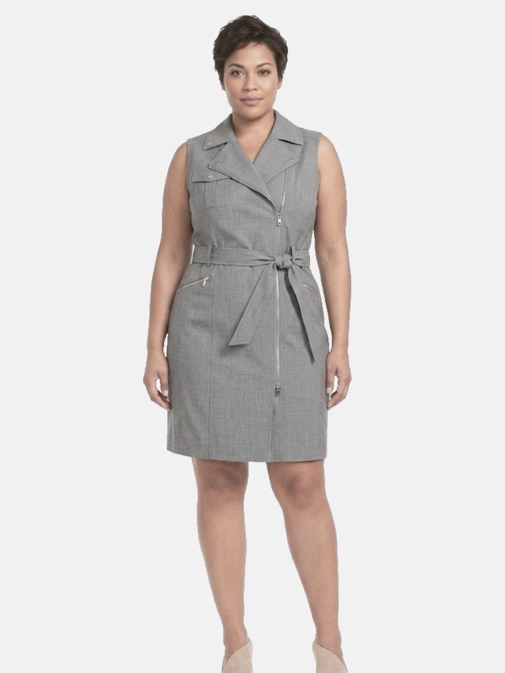 Calvin Klein Sleeveless Grey Collared Belted Sheath Dress with Silver Zippers
